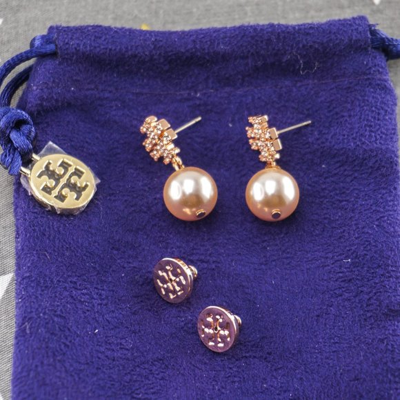 Tory Burch Kira Pavé Pearl Drop Earrings Rose Gold - Picture 2 of 3